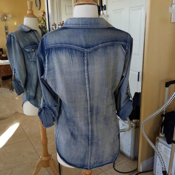 100% cotton tunic snap button light blue denim  style blouse - Picture 4 of 4